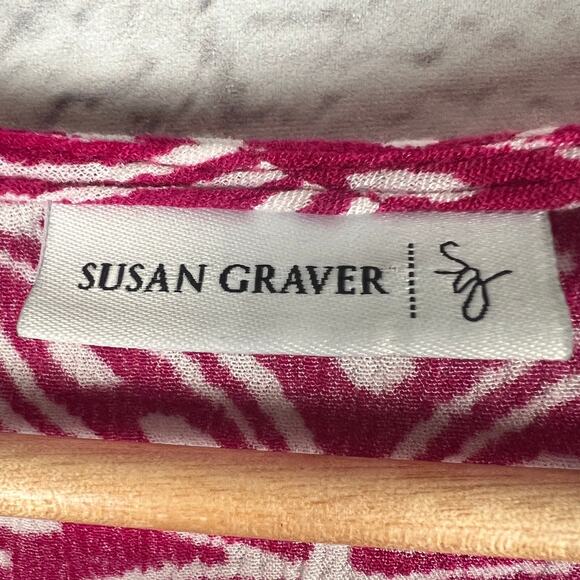 SUSAN GRAVER Women's L Pink White Rayon‎ 3/4 Flare Sleeve Boho Keyhole Tunic Top - Picture 5 of 11